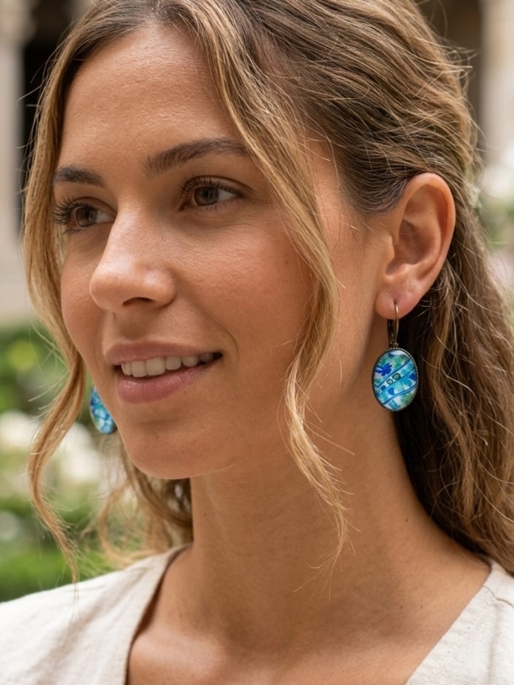 Vintage Blue and Brass Tone Drop Earrings - Picture 4 of 12